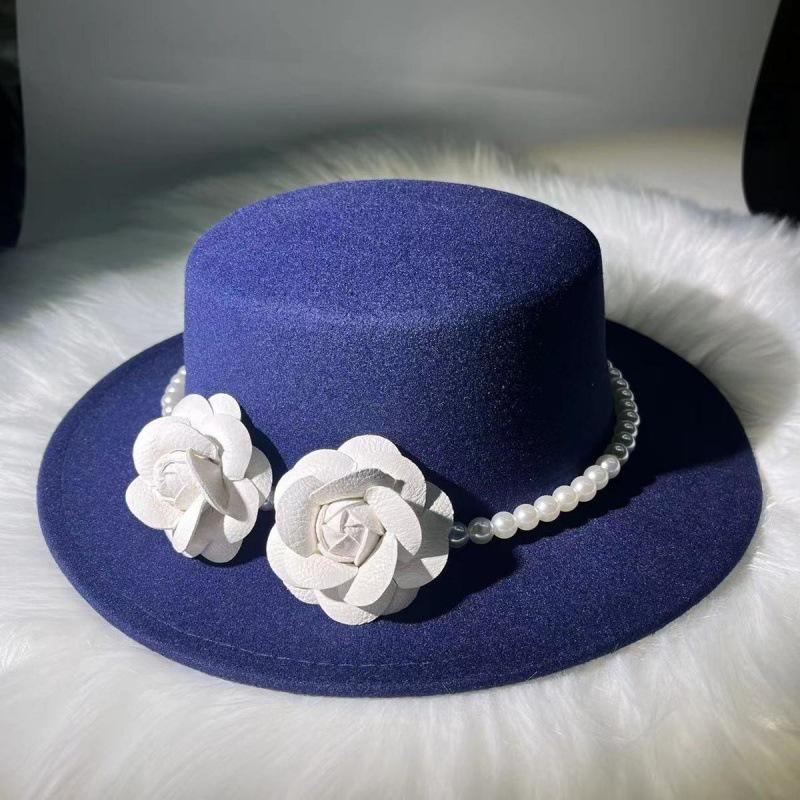 French Retro Pearl Flower Wool Flat Top Top Top Hat Autumn and Winter Small Fragrant Wind Big Brim Street Shot British Woolen Hat