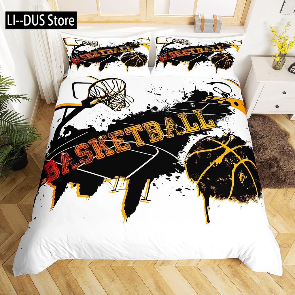 Watercolor Cartoon Basketball Print Bedding Set Duvet Cover for Kid Teen Boys Sports Quilt Cover with 2 PillowcasesFull Size