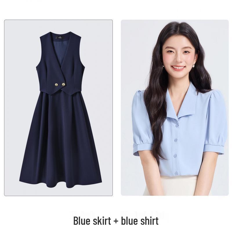 Age-Defying Preppy Vest Dress Set for Female College Students - Ideal for Exams & Interviews, Includes Shirt and Vest Dress