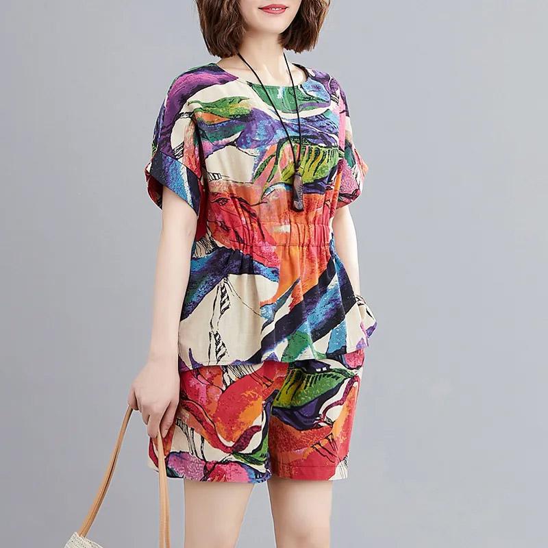 

2PC Літній костюм Жіноча футболка Big Yards Штани Зручний з двох частин топ з короткими рукавами та довгі штани Вільний повсякденний костюм XXXXXL червоний