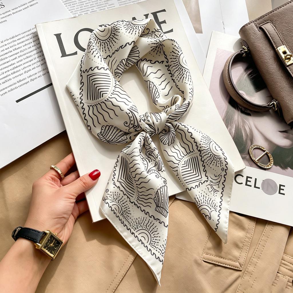 Commuter elegant flower silk scarf women's contrasting color retro printing satin scarf shirt with multi-purpose decorative small scarf