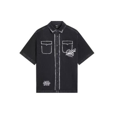 Li Ning X Marvel Collaboration Washed Denim Short Sleeve Shirt Men Shirts Black ASHS903-1