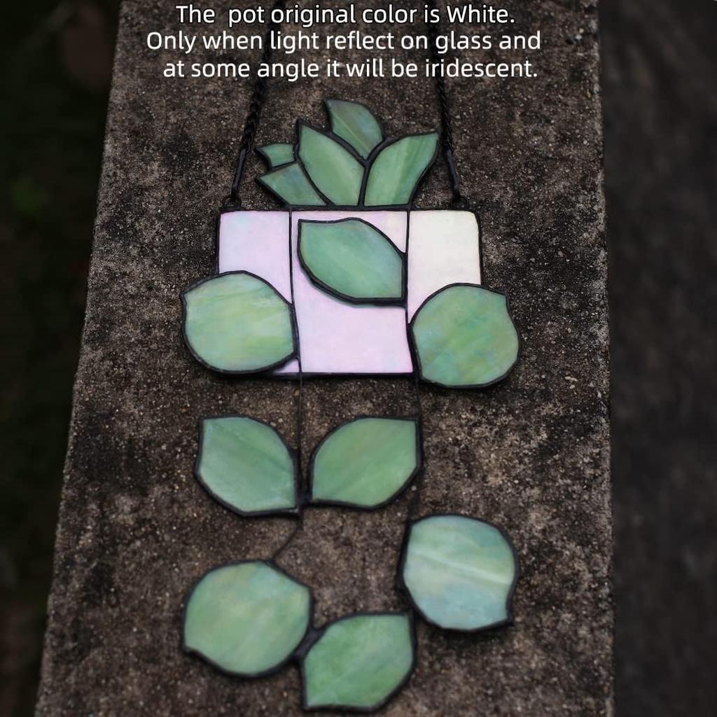Handmade Stained Glass Succulent Plant Window Hanging, Tiffany Style Indoor Wall Window Panels Decor, 10.47 * 5.1 Inch