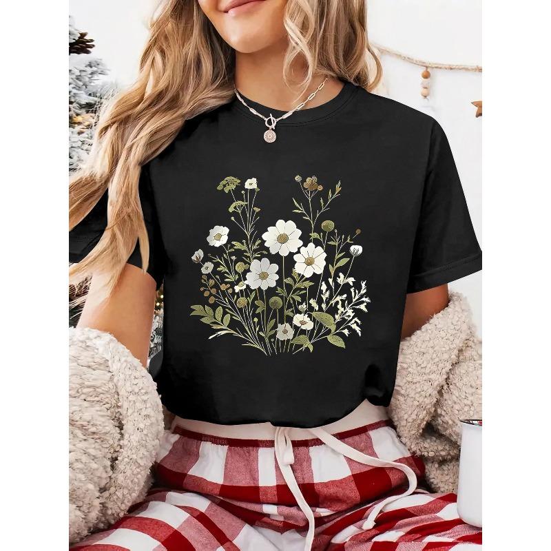 

Women s Vintage Wildflower Print T-Shirt Soft Beige Olive Green Botanical Daisies Foliage Crew Neck Short Sleeve Relaxed Fit Casual Summer Top S чёрный