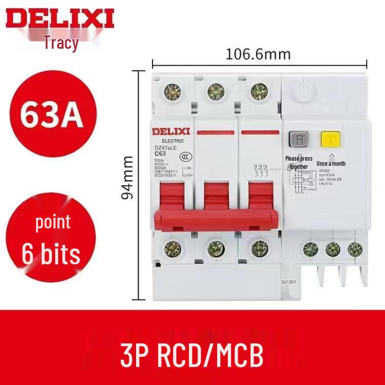 Delixi DZ47SLE 3-Phase Earth Leakage Circuit Breaker with 3P Protection, 380V