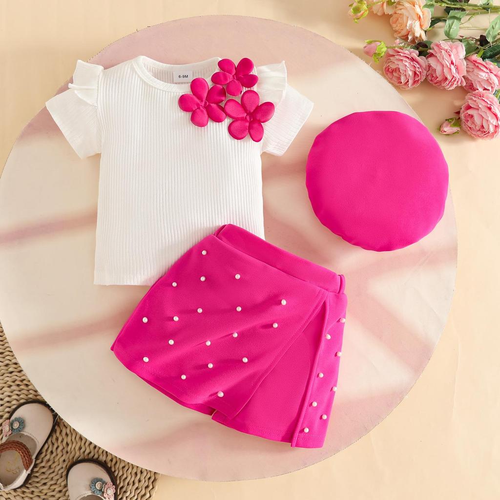 2026 Summer Baby Girl Ribbed Short Sleeve Top, Rhinestone Shorts Skirt & Beret Set (0-3 Years) - Trendy & Sweet