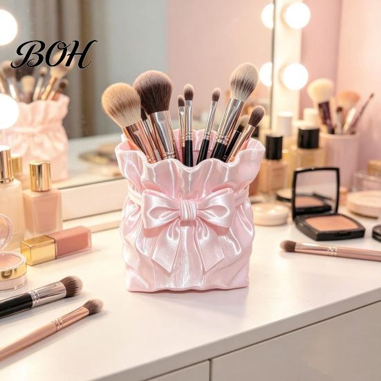 Eye Shadow Brush Case Satin Bow Bag Makeup Holder, 3D Printed Beauty Tool Organizer Holder for Desk, Large Bowknot Pouch Pencil Storage Container