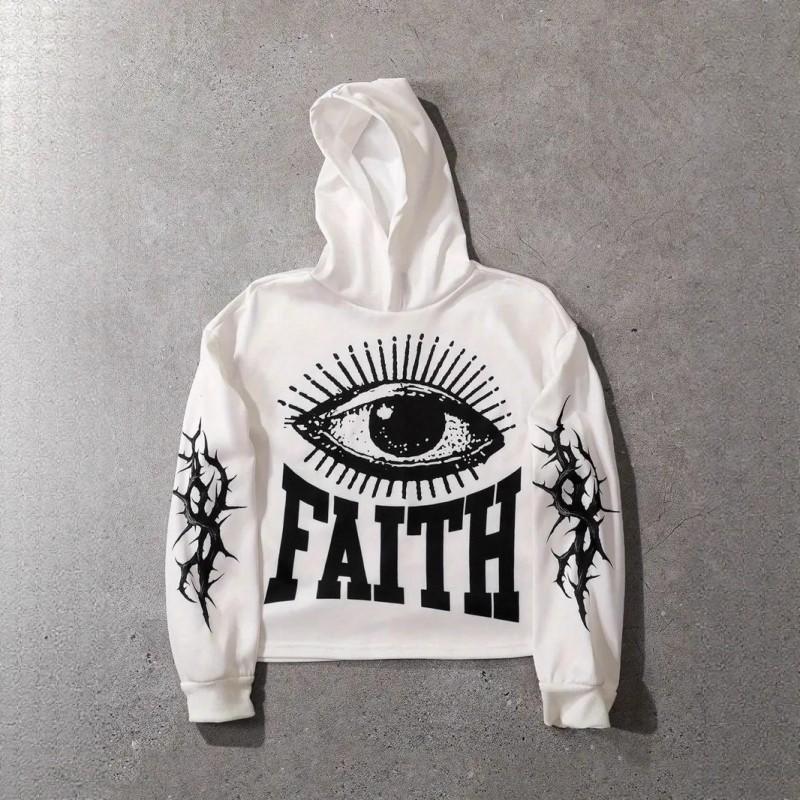 Mens Oversized Hooded Sweatshirt White Digital Print Streetwear Casual Long Sleeve