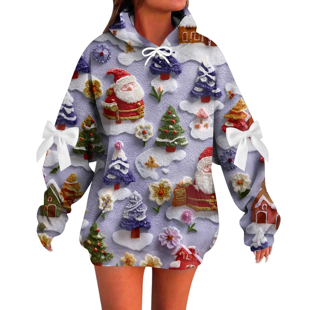 Ladies' Christmas Printed Bow Long Sleeved Loose Fitting Headband With Rope Hooded Sweatshirt Top