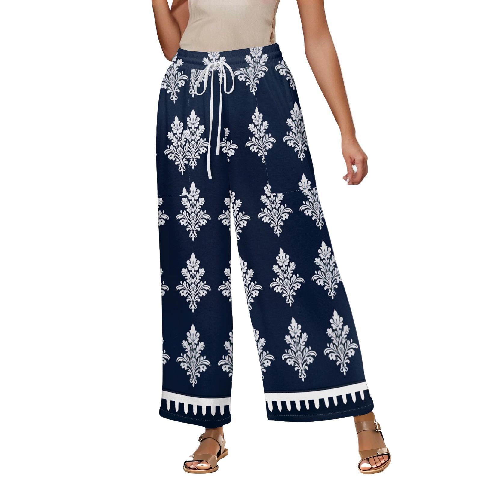 

Женские летние эластичные завязки на талии с цветочным принтом из хлопка и льна, свободные брюки Nine Minute M тёмно-синий