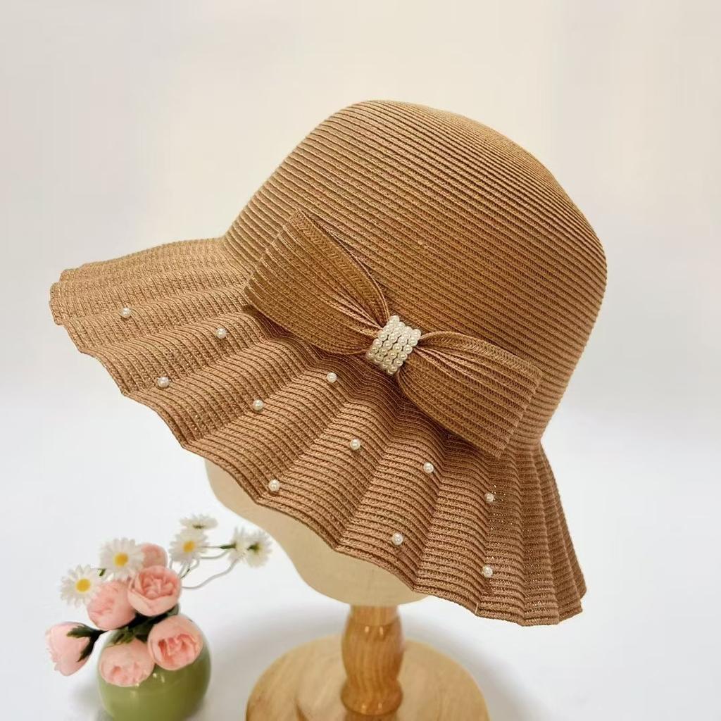 Japan Ca4 Original Fisherman'S Hat Children'S Summer Sun Protection Straw Hat Pleated Bow Basin Hat Mixed Color Braided Sun Hat
