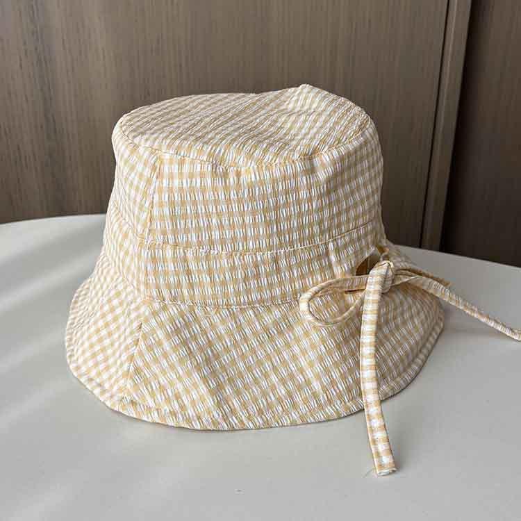 New ins small plaid bucket hat women's spring summer thin versatile bow basin hat breathable sunshade sunscreen hat