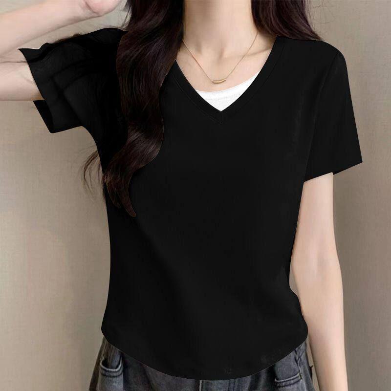 

Foreign Trade First-Line Brand Women s Pure Cotton V-Neck Short-Sleeve T-Shirt, Summer Slim-Fit Patchwork Design, Slimming Effect, Trendy Top Black (Solid Color) XXL (Recommended 72.5-80kg)