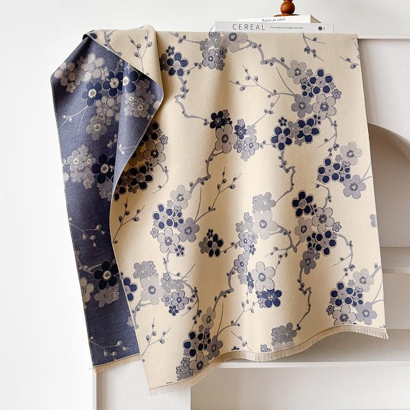 Retro Elegant Plum Blossom Imitation Cashmere Scarf Women'S Thickened Double-Sided Cold Protection Outside With Winter Shawl Office Cape