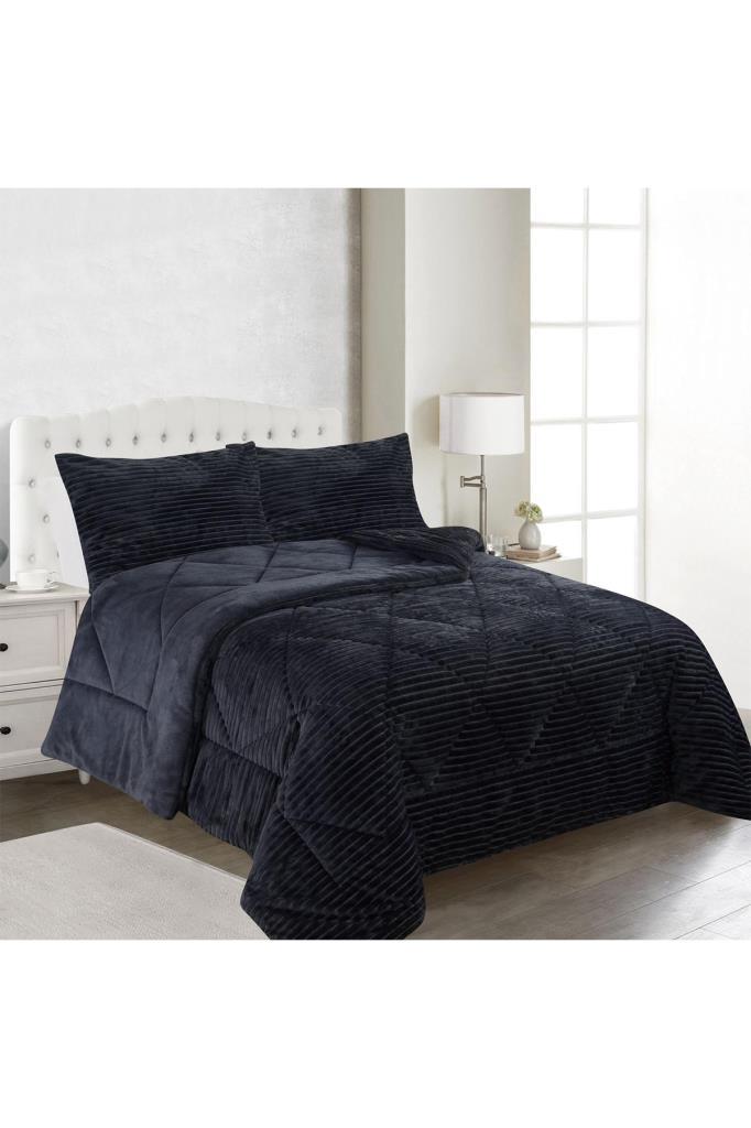 Ece Stripe king sengeteppesett, teppe 220x240 cm med putevar, full størrelse, full seng, dobbel størrelse, plysj stoff antrakitt
