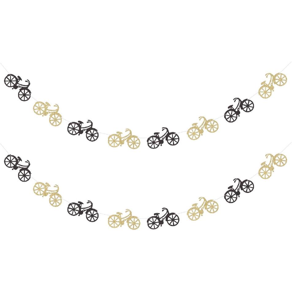 Black and Gold Bicycle Party Banner Bike Sports Theme Garland for Boy Birthday Baby Shower Party Decoration - 2 Strands