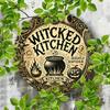 Retro Wicked Kitchen Round Metal Sign Vintage Witch Cauldron Wall Decor for Gothic Kitchen Halloween Home