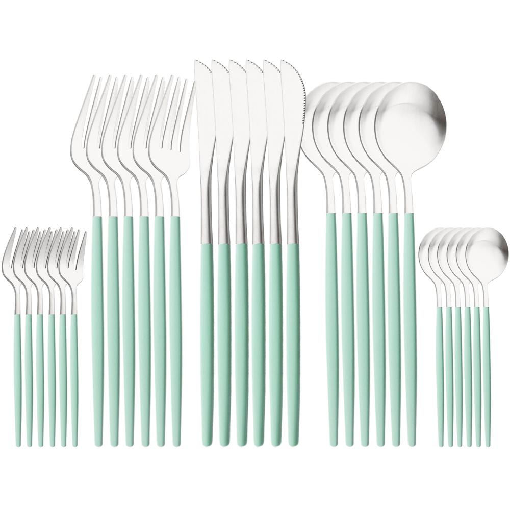 

Набор столовых приборов с черной ручкой, 30 предметов, набор столовых приборов с матовой отделкой, нож из нержавеющей стали, вилка, ложки, кухонная утварь в комплекте серебряный/мятный зеленый