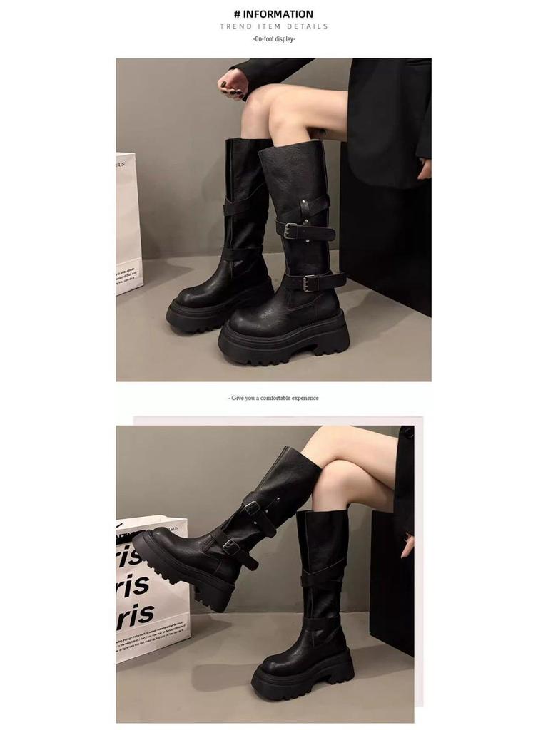 Small Over-the-Knee Height-Increasing Retro Boots with Buckle, Versatile for Autumn, In Stock