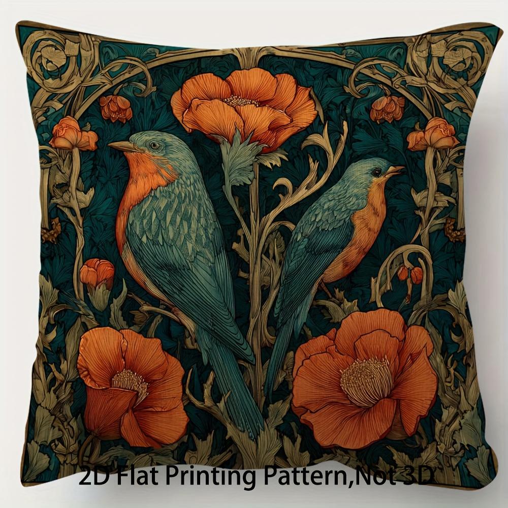 William Morris Inspired Robin Bird Pillow Cover Vintage Art Nouveau Floral Print Cushion Case For Sofa Couch Boho Home Decor