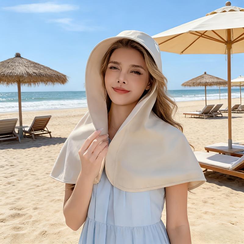 Wide Brim Shawl Sun Hat For Women Neck Face Cover Protection Fisherman Hat With Ponytail Hole Beach Travel Outdoor Photography