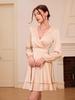 European and American Women's V-Neck Satin Dress - Elegant Spring/Summer Style with Lantern Sleeves and Slim Fit.