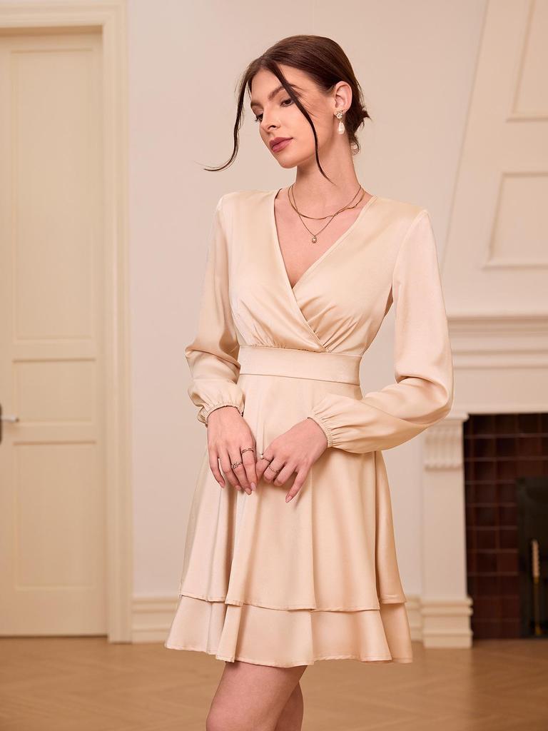 European and American Women's V-Neck Satin Dress - Elegant Spring/Summer Style with Lantern Sleeves and Slim Fit.