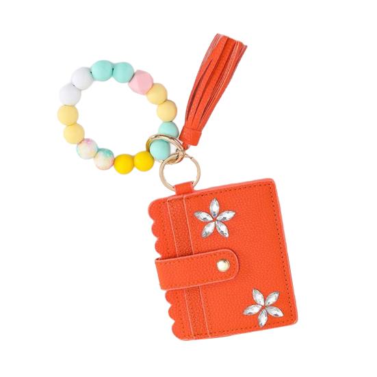 RFID Shielded Card Holder with Rhinestone Flower And Beads Decor Women Wristband Wallet Keychain Faux
