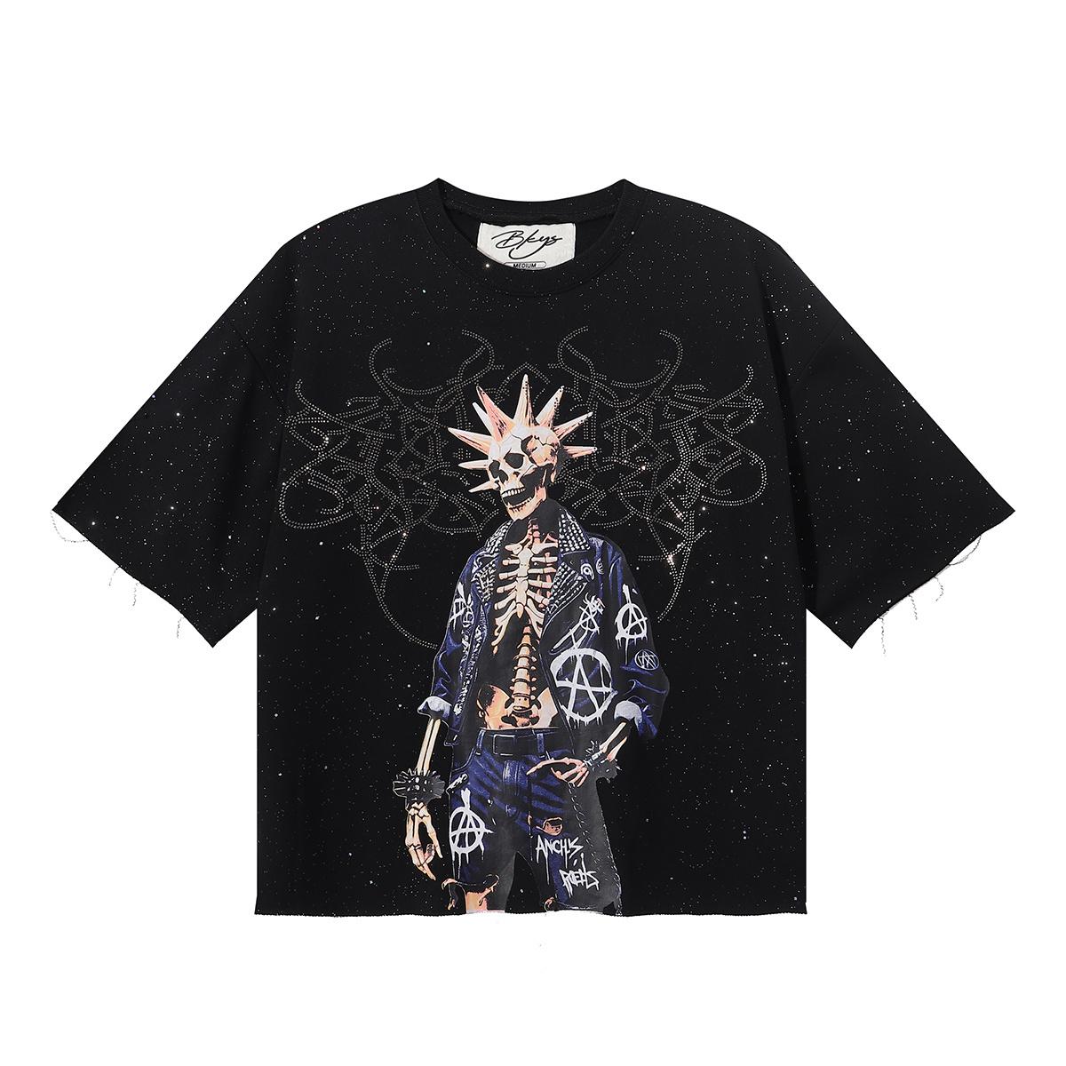 

2026 Summer Men s Oversize T-Shirt, Mohawk Punk Skull Print Gothic Dark Street Short Sleeve Tee With Rhinestone Pattern S