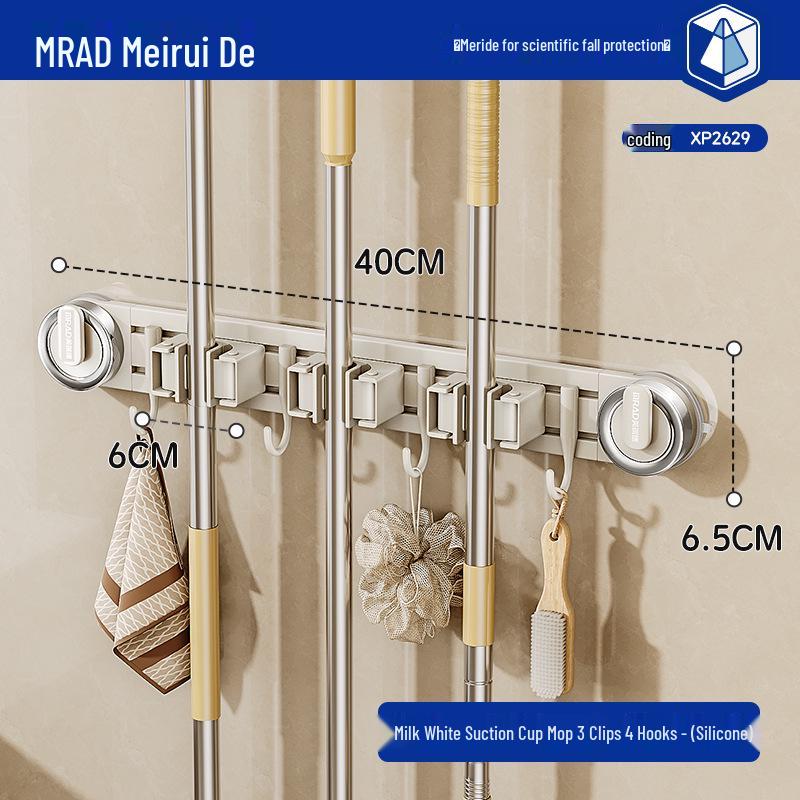 Movable Suction Cup Mop Clip Wall-Mount Storage Rack