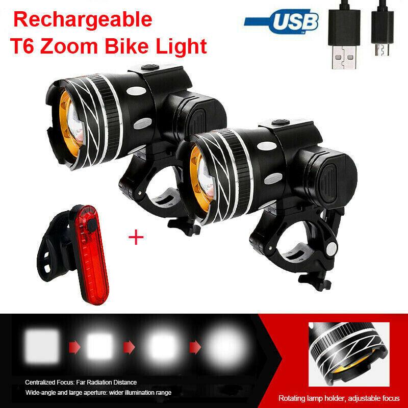 T6 LED Bike Headlight Adjustable Zoom Bicycle Front Light USB Rechargeable Waterproof Cycling Flashlight Road MTB Accessories