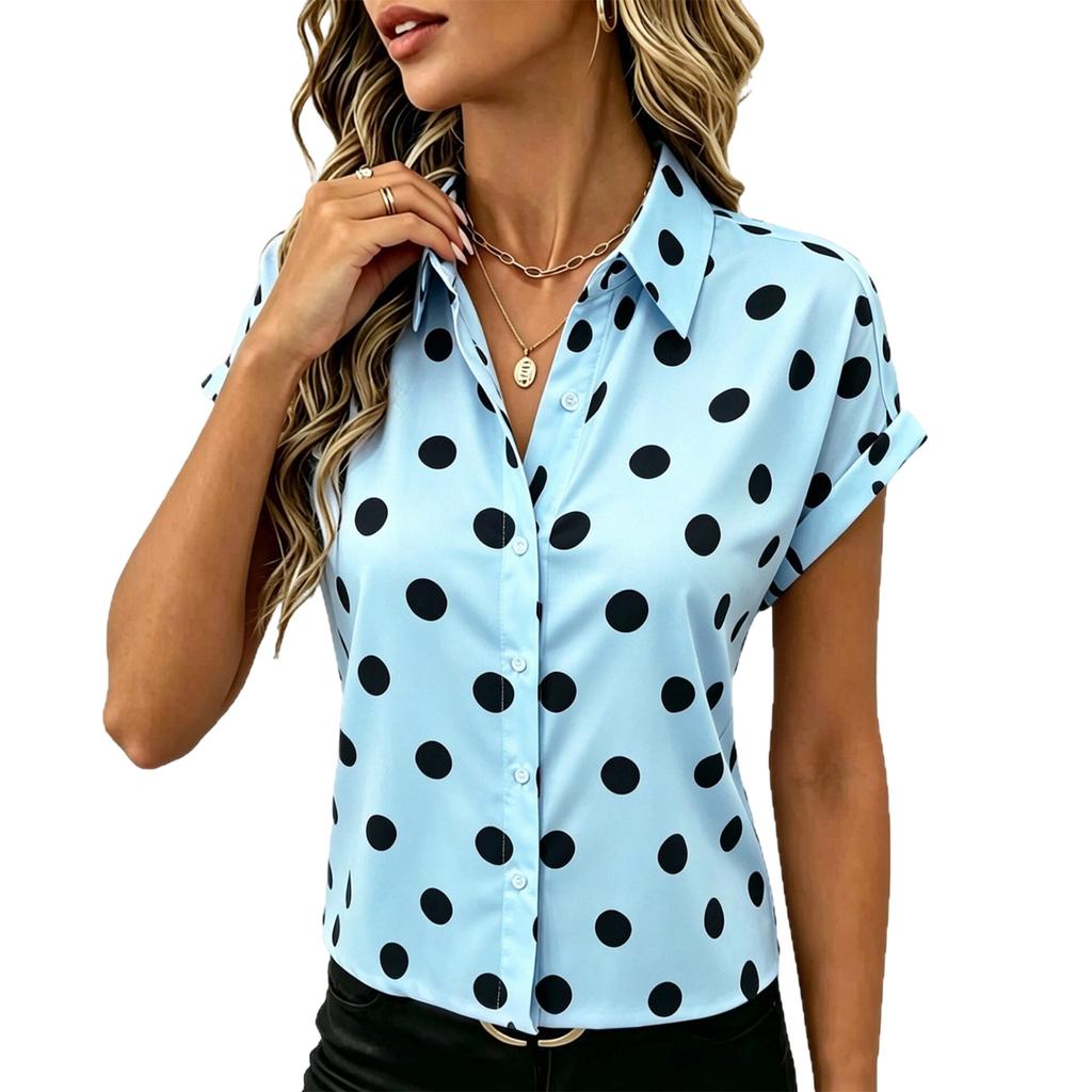 Chemise à Manches Courtes Boutonnée pour Femme à Pois Blouse Décontractée Haut Léger à Col pour l'Été le Travail et le Quotidien