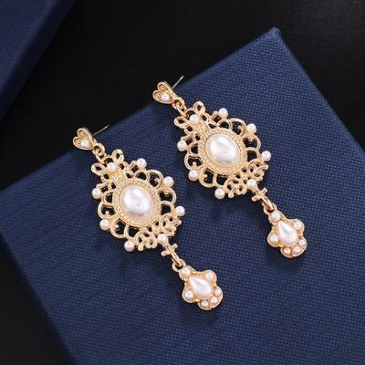 Yousheng 1 Pair Dangle Earrings Royal Court Design Faux Pearl Geometric Pattern Classical Temperament Dress Up Ornamental Retro Court Baroque Stud