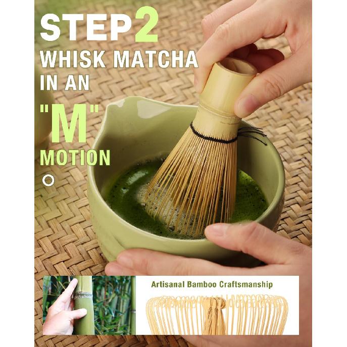 Matcha Whisk Set - 5PCS Matcha Set Includes 17OZ Chawan with Spout, Bamboo Chasen Whisk with Ceramic Holder, Mat cha Scoop and Stainless Sifter,