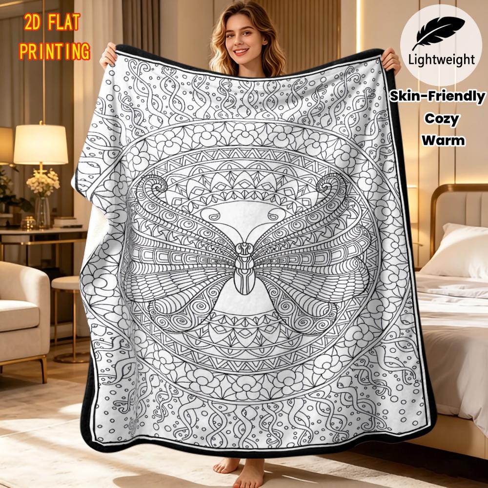 1pc Flannel Blanket, Totem Style Butterfly Line Drawing Full Print, Decorative Butterfly Wings Complex Geometric Pattern, Round Mandala Border Surroun