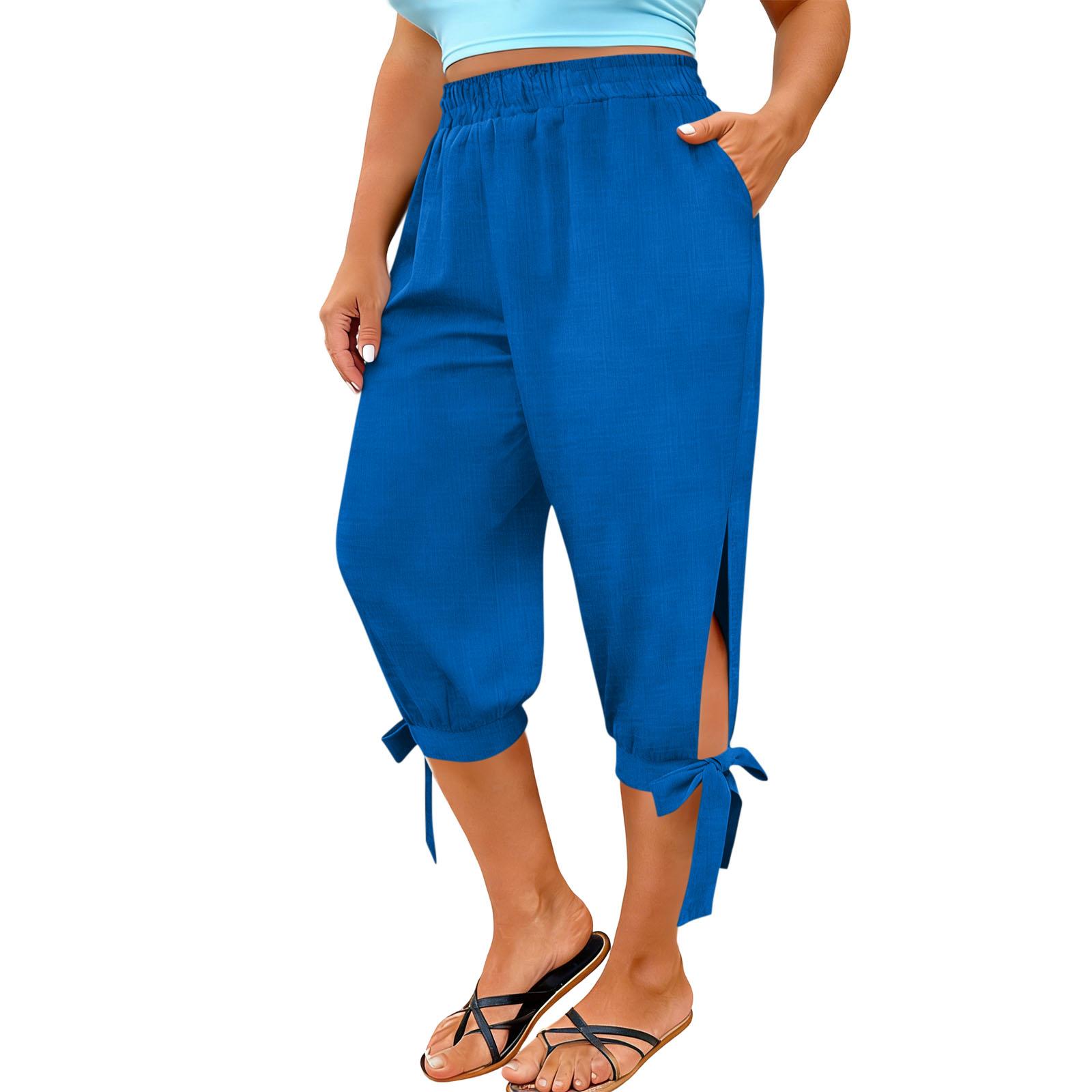 Women s Fashionable Loose-fitting Split-hem  Cropped Casual Pants XXXXXL синий