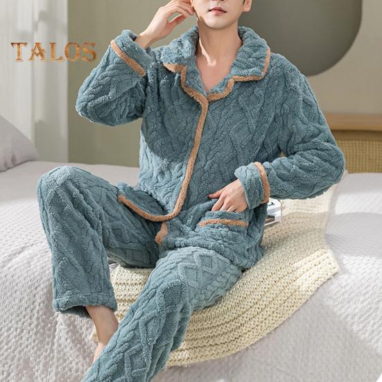 

Комплект из 2 предметов/комплект мужской пижамы из кораллового флиса с длинными рукавами и карманами, эластичный пояс, широкие длинные брюки, зимняя домашняя одежда L синий