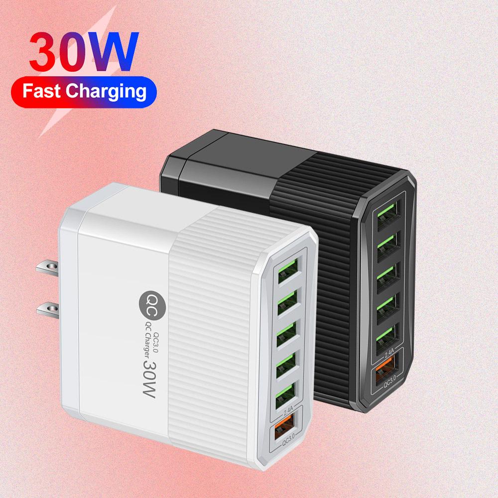 30W 6-Port Fast Charger with QC3.0 - EU/US/UK/KR Plugs Compatible