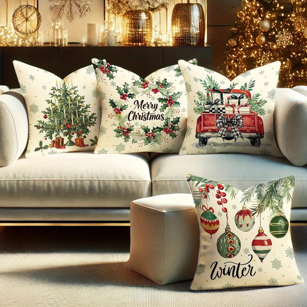 Festive Christmas Pillowcases: Tree, Wreath, Ornaments, and Vintage Truck Designs Sofa Cushion Cover New Year Home Decoration