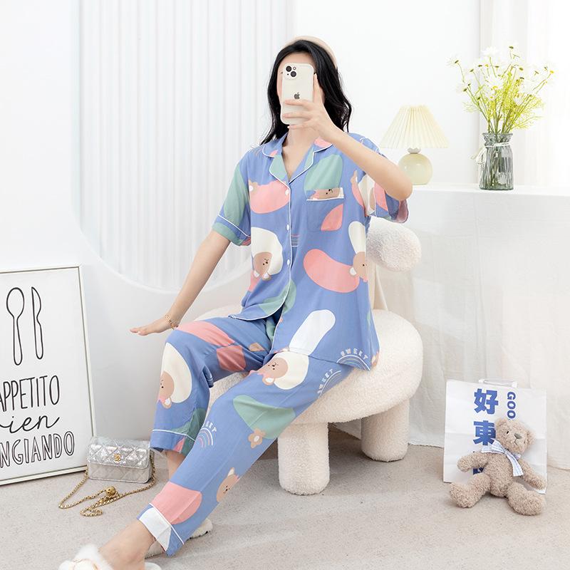 Cotton and silk pajamas women's spring and summer short-sleeved large-size suit spring and autumn thin cartoon printed loungewear