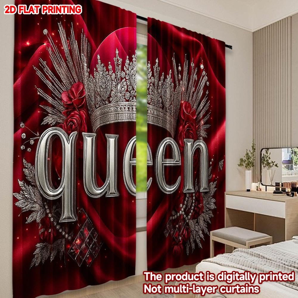 Set Of 2 Queen Crown Curtains Digital Printing Silver Letter Red Flowers Polyester Background Luxurious Bedroom Decor Made Window Treatment