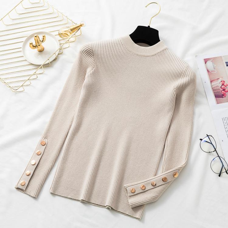 Women Thick Sweater Pullovers Khaki Casual Autumn Winter Button O Neck Chic Sweater Female Slim Knit Soft Jumper