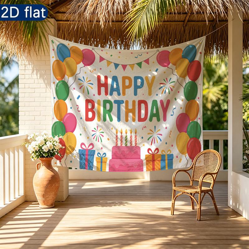 Floral Bouquet Balloons Tiered Cake Birthday Party Backdrop, Polyester Banner for Wall Decor & Photo Booth
