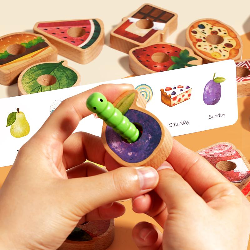The Greedy Caterpillar Food Bead Game Set With Storage Bag Is A Durable Wooden Educational Toy Suitable For Toddlers As A Gift