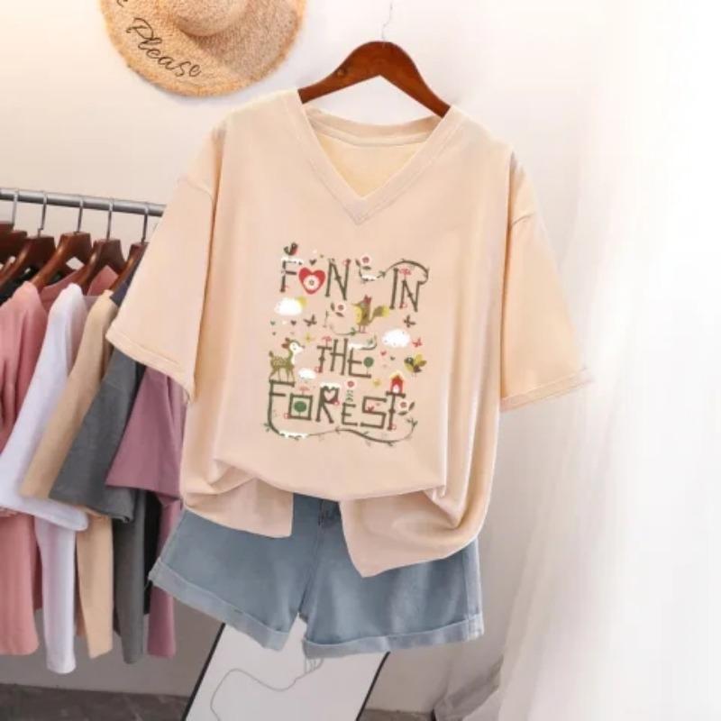 

Футболка с коротким рукавом, Свободного кроя, Приталенный топ с V-образным вырезом с принтом для женщин 5XL абрикосовый