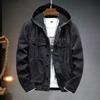 Herre denimjakke med hette, løs passform, slim fit, koreansk versjon, avslappet stor lomme, moteriktig selskapsbekledning, yttertøy, jakke