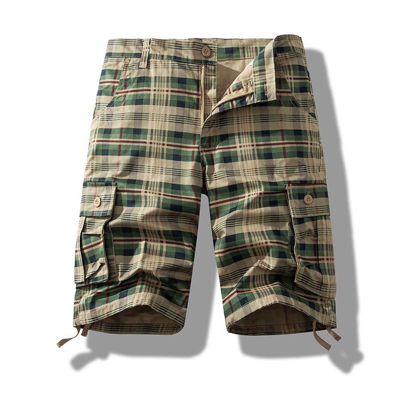 Bavlněné cargo šortky pánské letní sportovní ležérní plážové krátké kalhoty s více kapsami rovné kostkované šortky