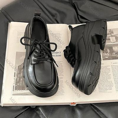 Modische Britische Leder Loafer Schwarz Damen Herbst 2025 Neu Dicke Sohle Hohe Absätze Schuhe für Damen Plateau Schnürung Pumps