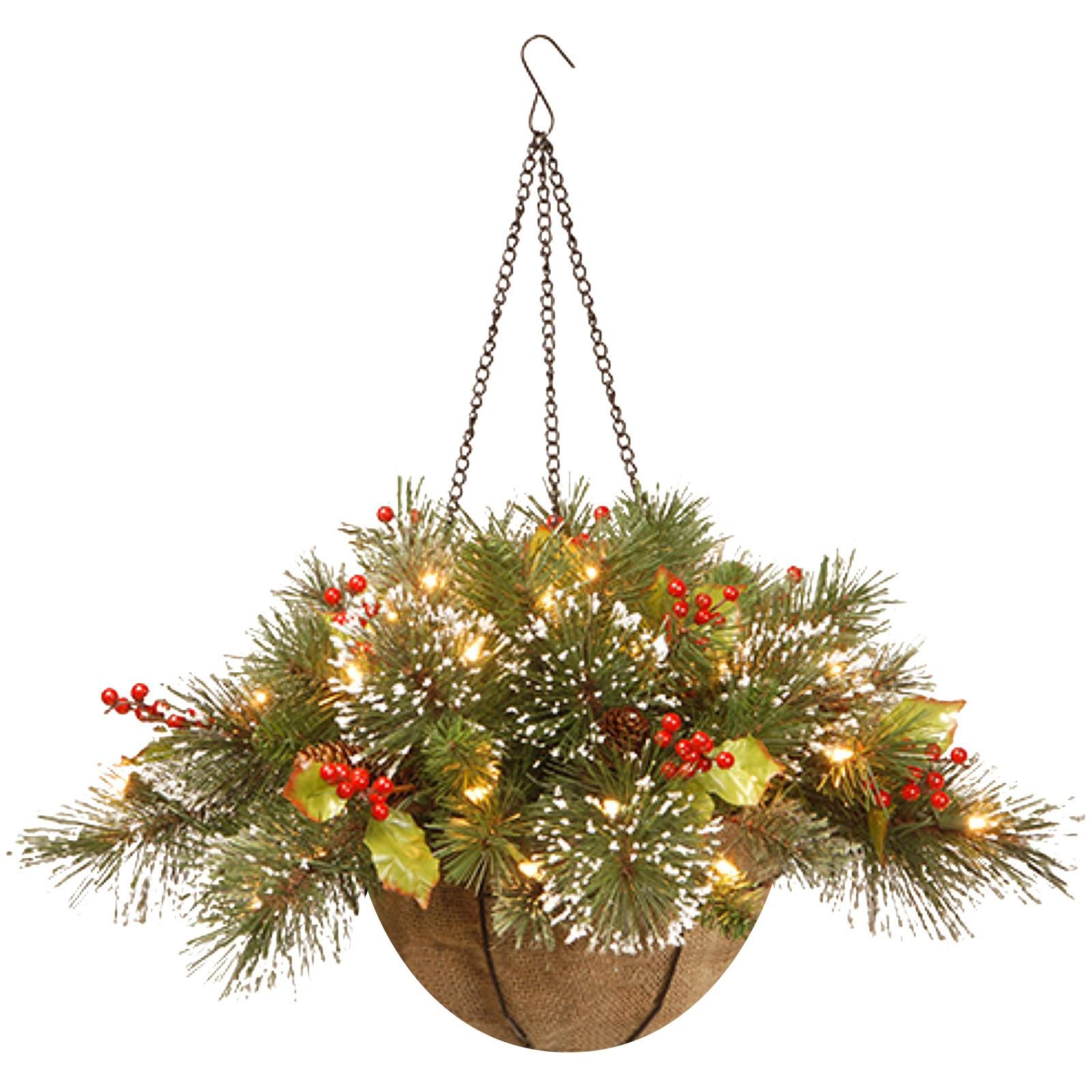 Artificial Christmas Hanging Basket with Pinecone and Snow Effect Decorative Hanging Planter with Chain and Built-In LED Lights Battery Not Included One Size