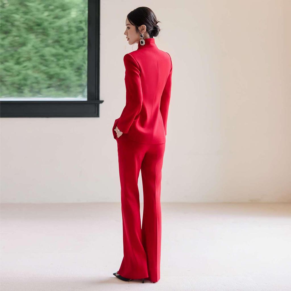 Women's Elegant Chinese Red Suit - 2025 Acetate Formal Wear for Banquets & Events
